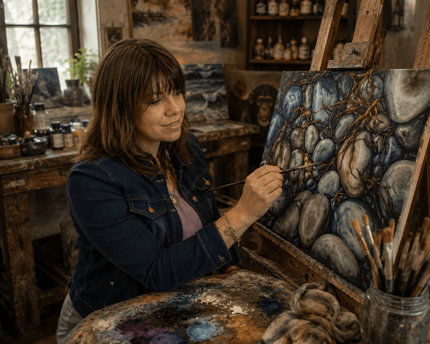 Des Green working on a painting in her studio.