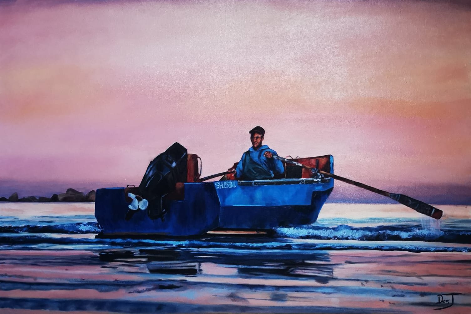 Blue fishing boat at dusk
