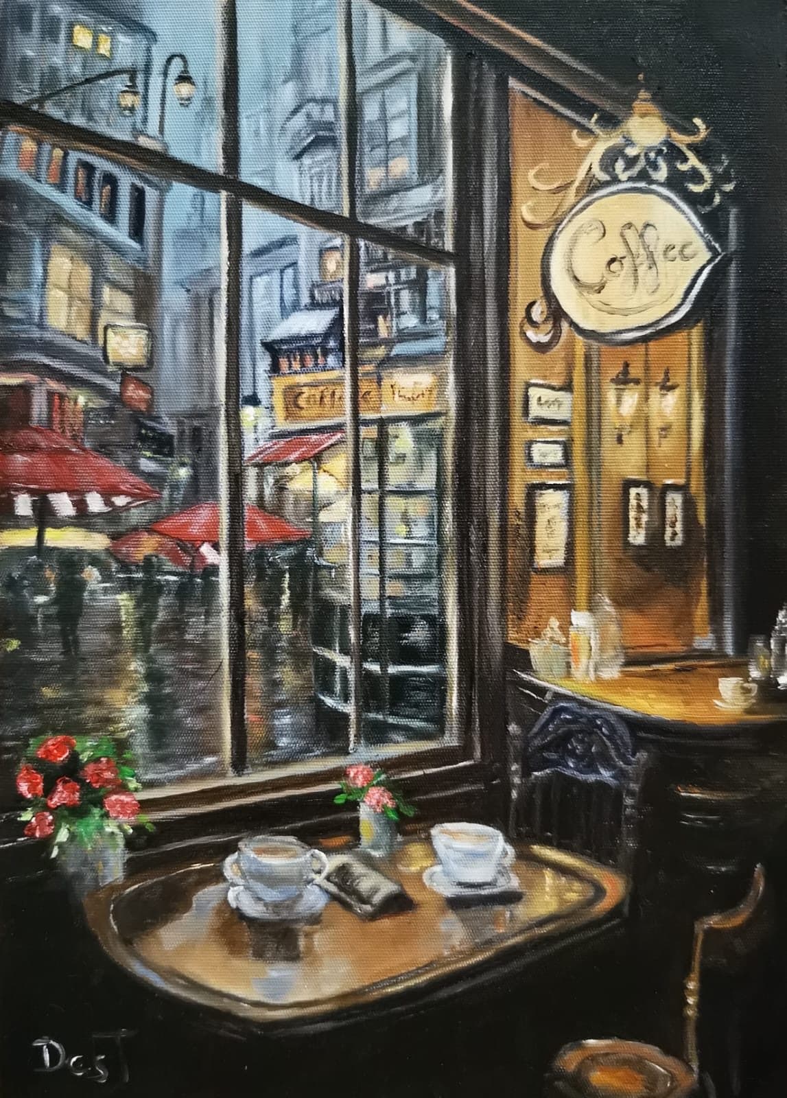 Cafe interior looking through rainy window
