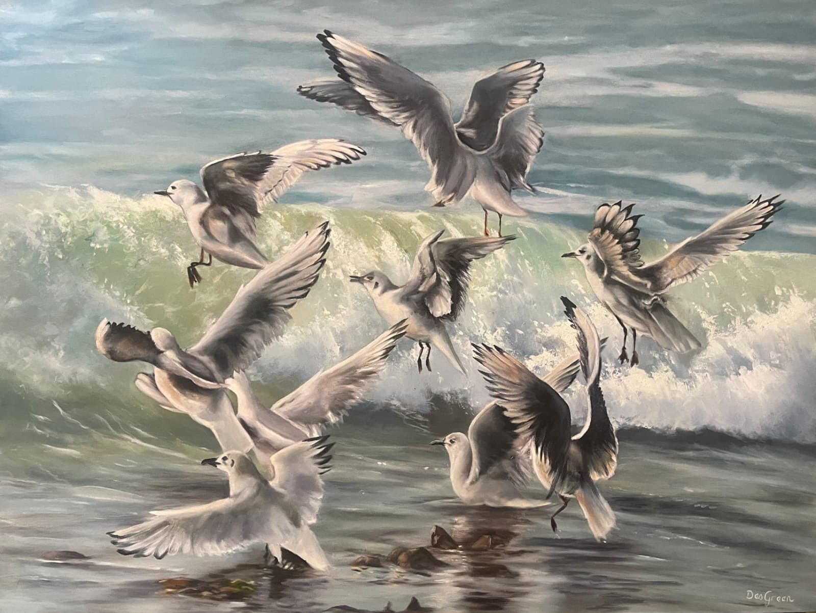 Gulls over rough sea