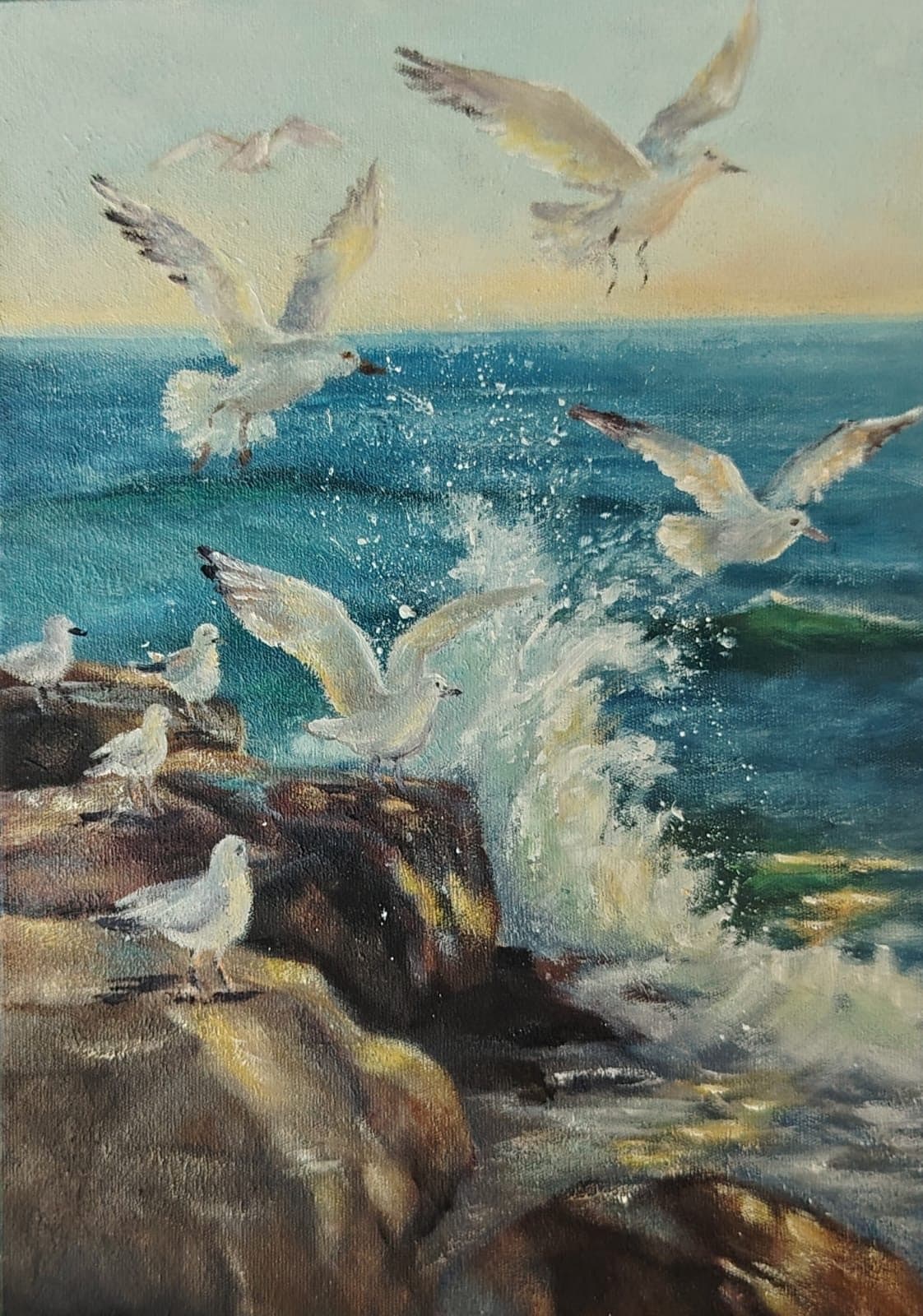 Gulls and crashing surf against rocks