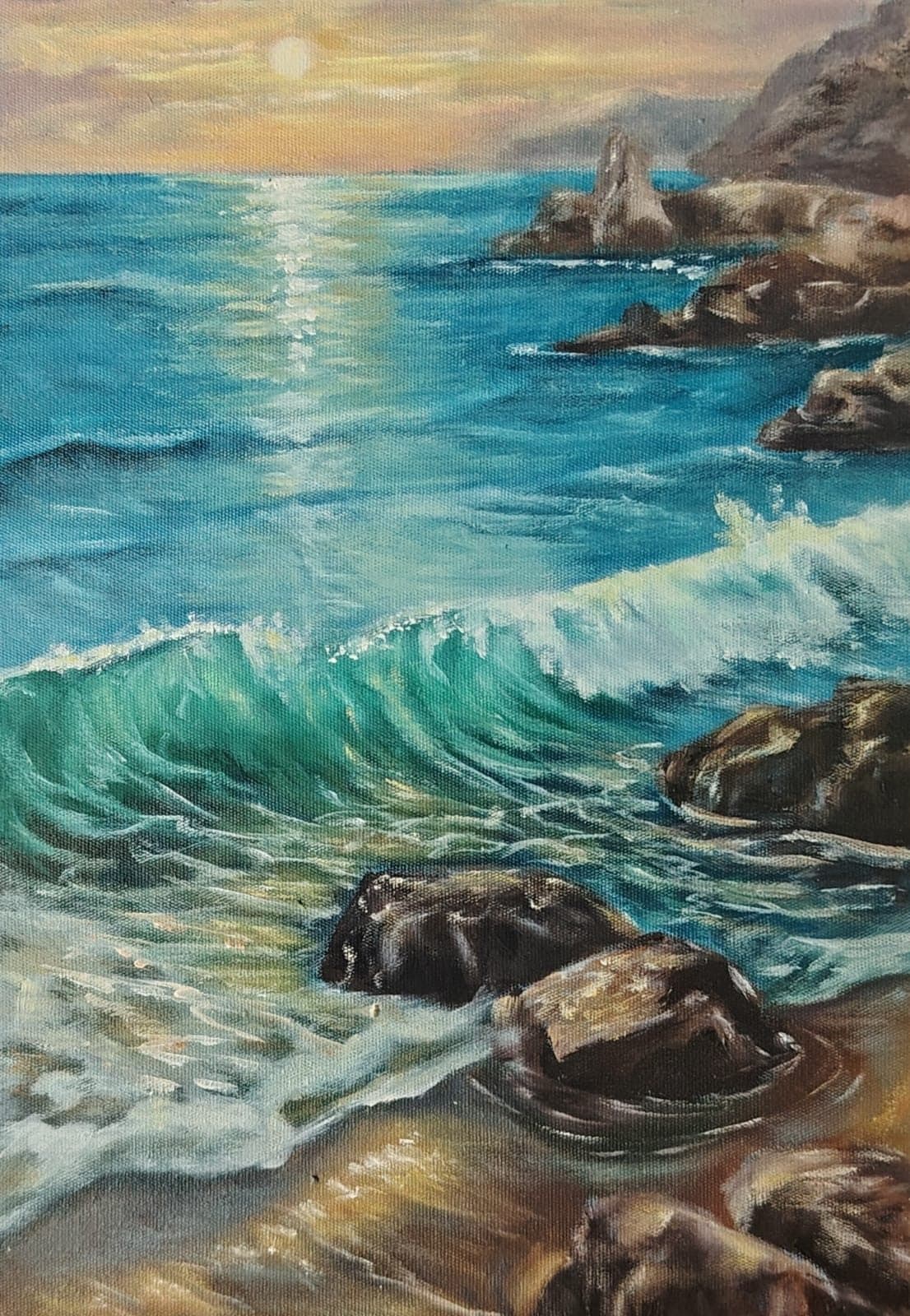 Turquoise rocky coastline at sunset