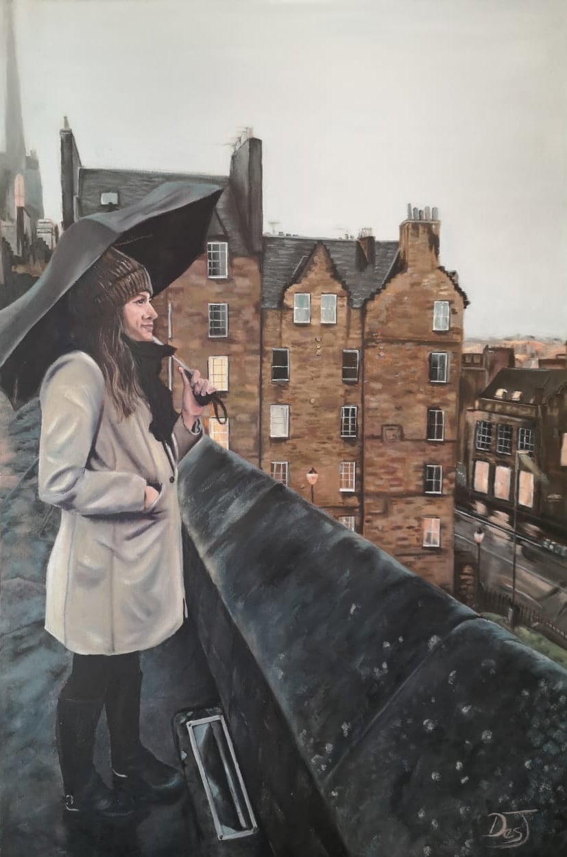 Oil painting depicting woman overlooking the old city by South African artist Des Green.