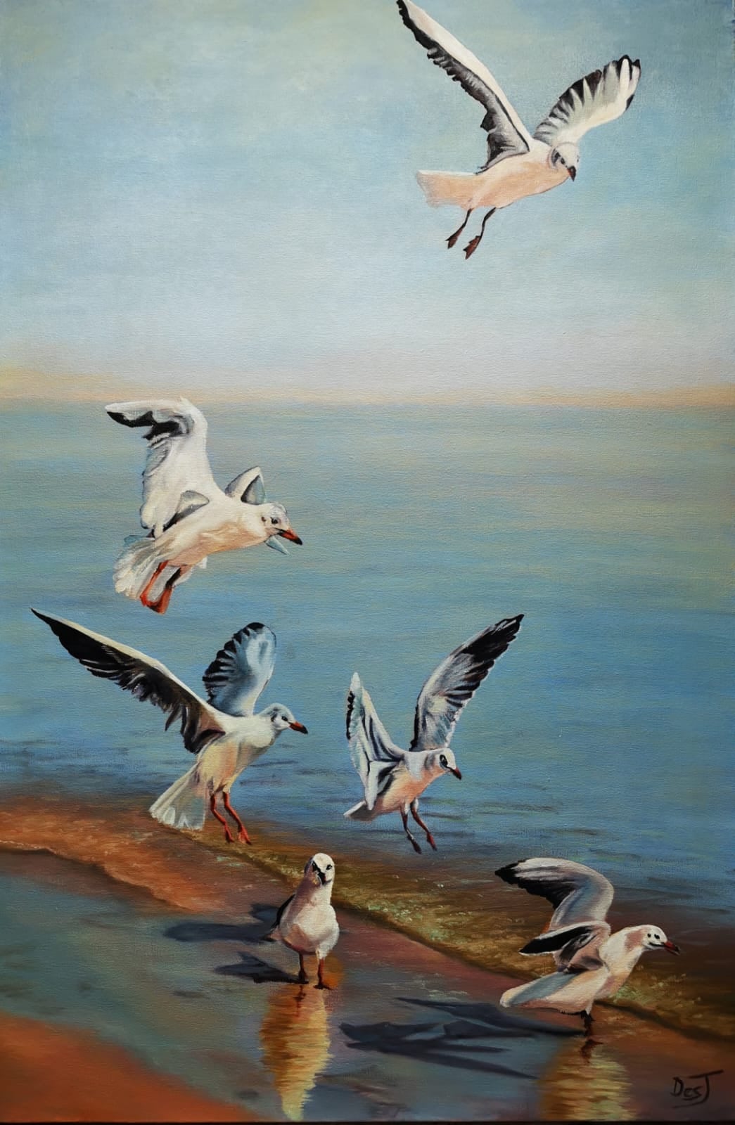 Oil painting depicting seagulls in flight by South African artist Des Green.