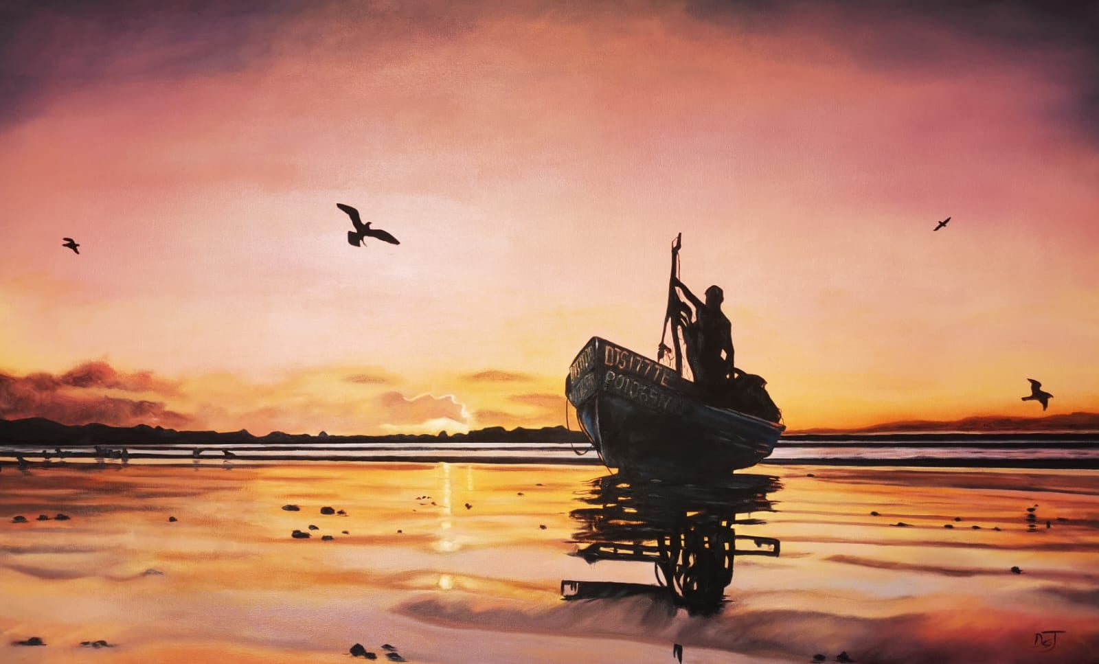 Oil painting depicting trawler at sunset by South African artist Des Green.