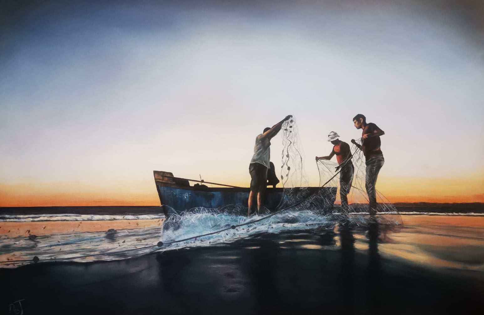 Oil painting depicting fishermen at sunset by South African artist Des Green.