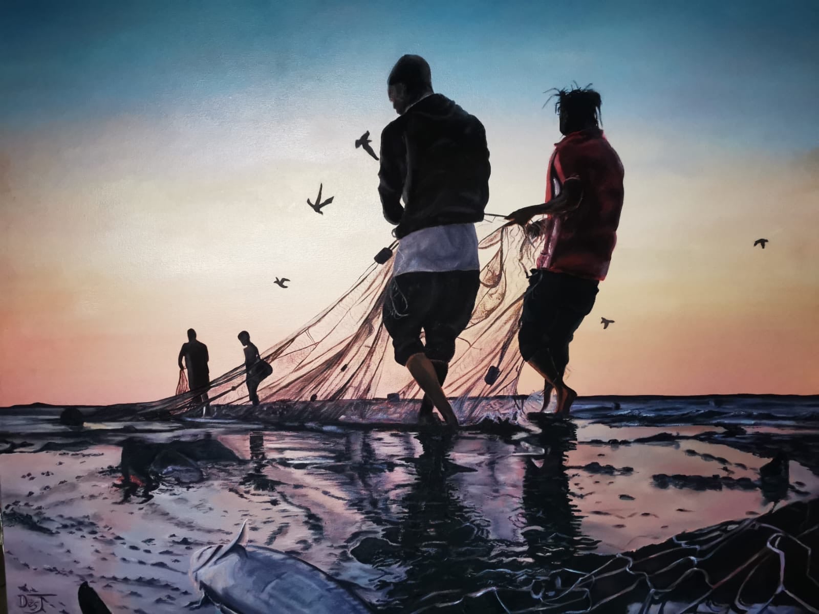 Oil painting depicting fishermen casting nets at dusk by South African artist Des Green.