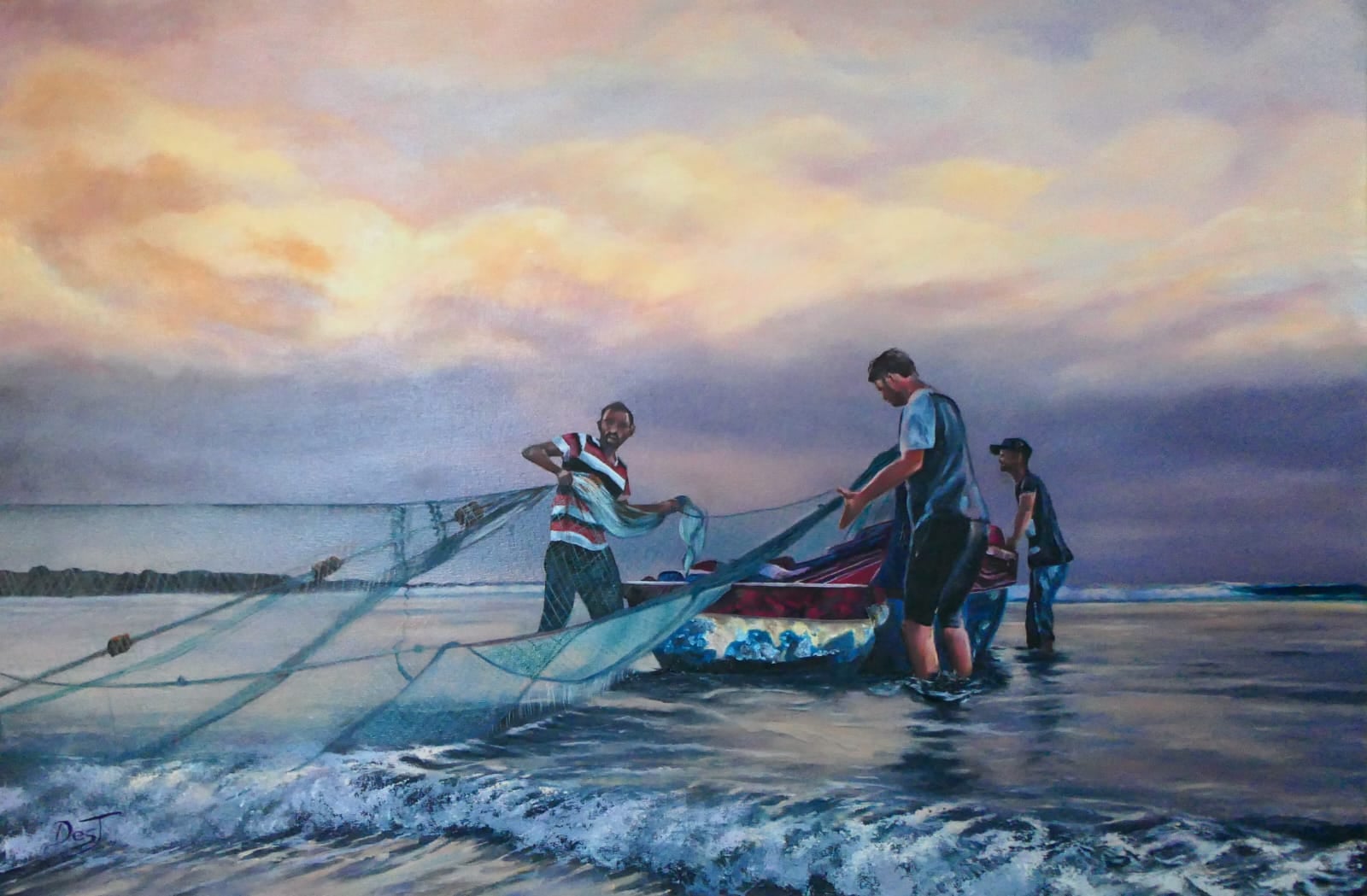 Oil painting depicting fishermen launching a boat by South African artist Des Green.