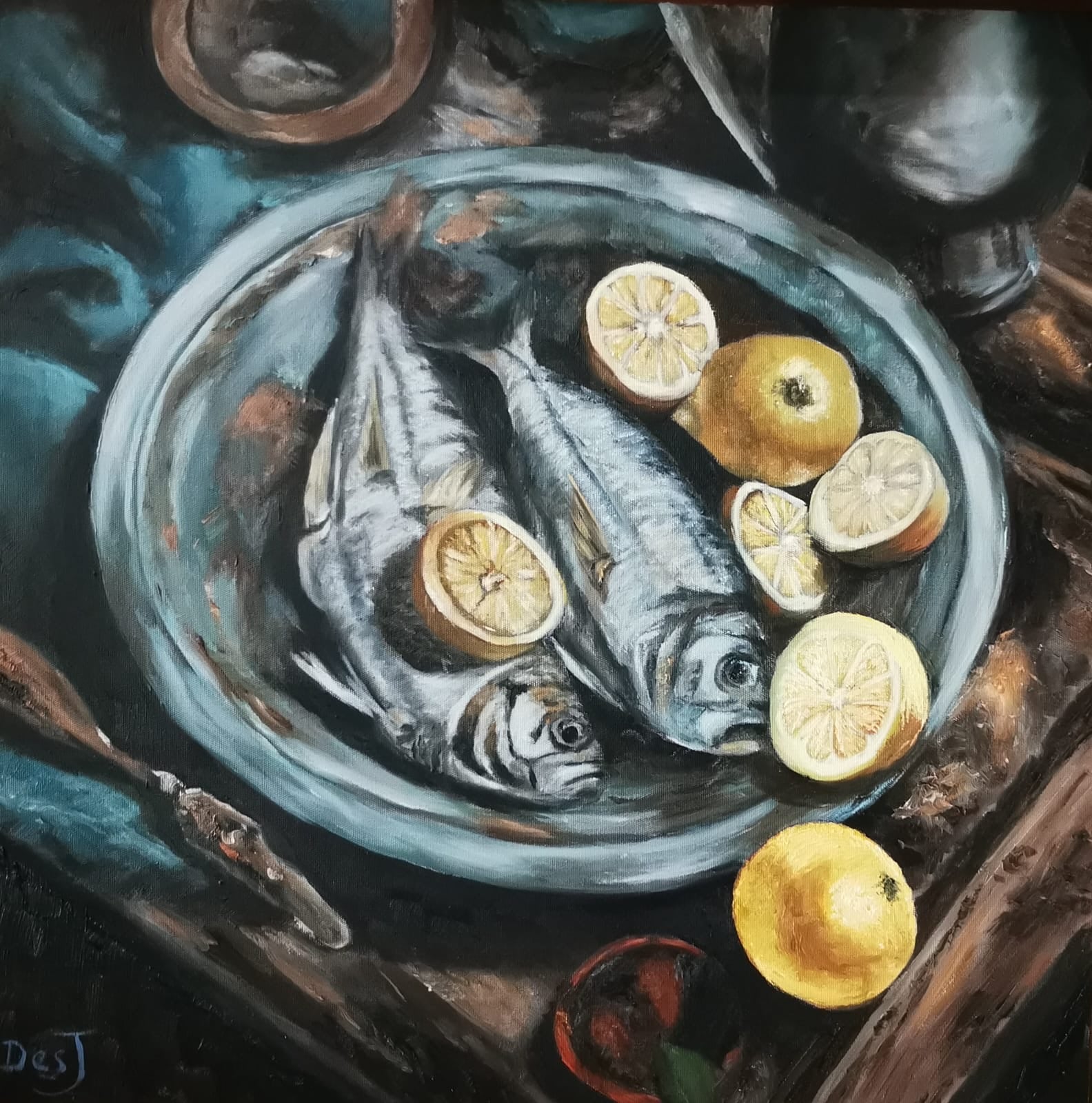 Oil painting depicting fresh fish and lemons by South African artist Des Green.