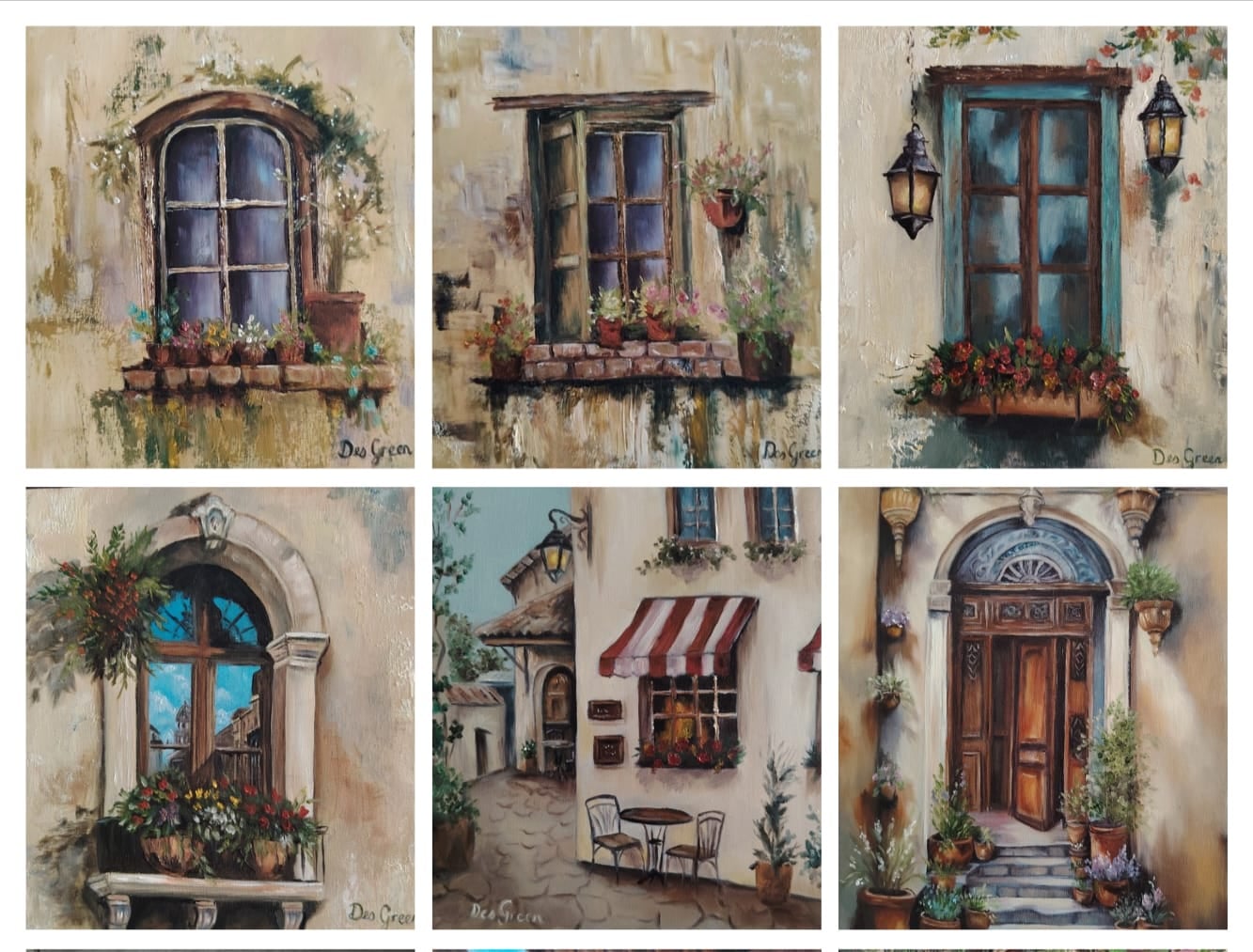 Oil painting depicting european windows and doorways by South African artist Des Green.