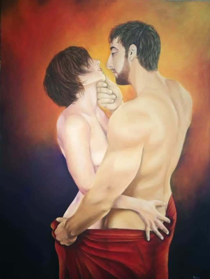 Oil painting depicting passionate embrace by South African artist Des Green.