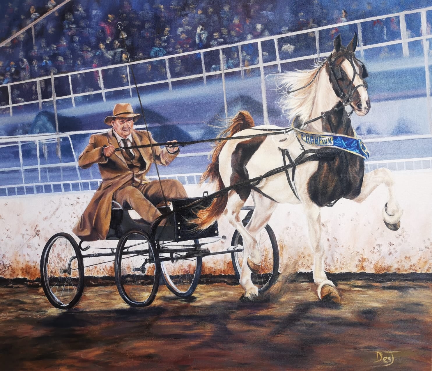 Oil painting depicting carriage driver in the arena by South African artist Des Green.