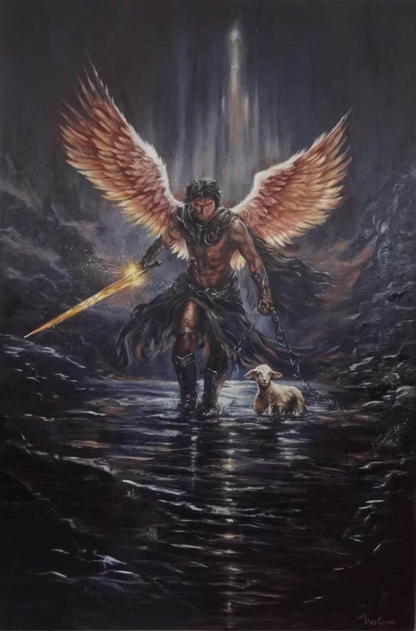 Oil painting depicting archangel with sword by South African artist Des Green.