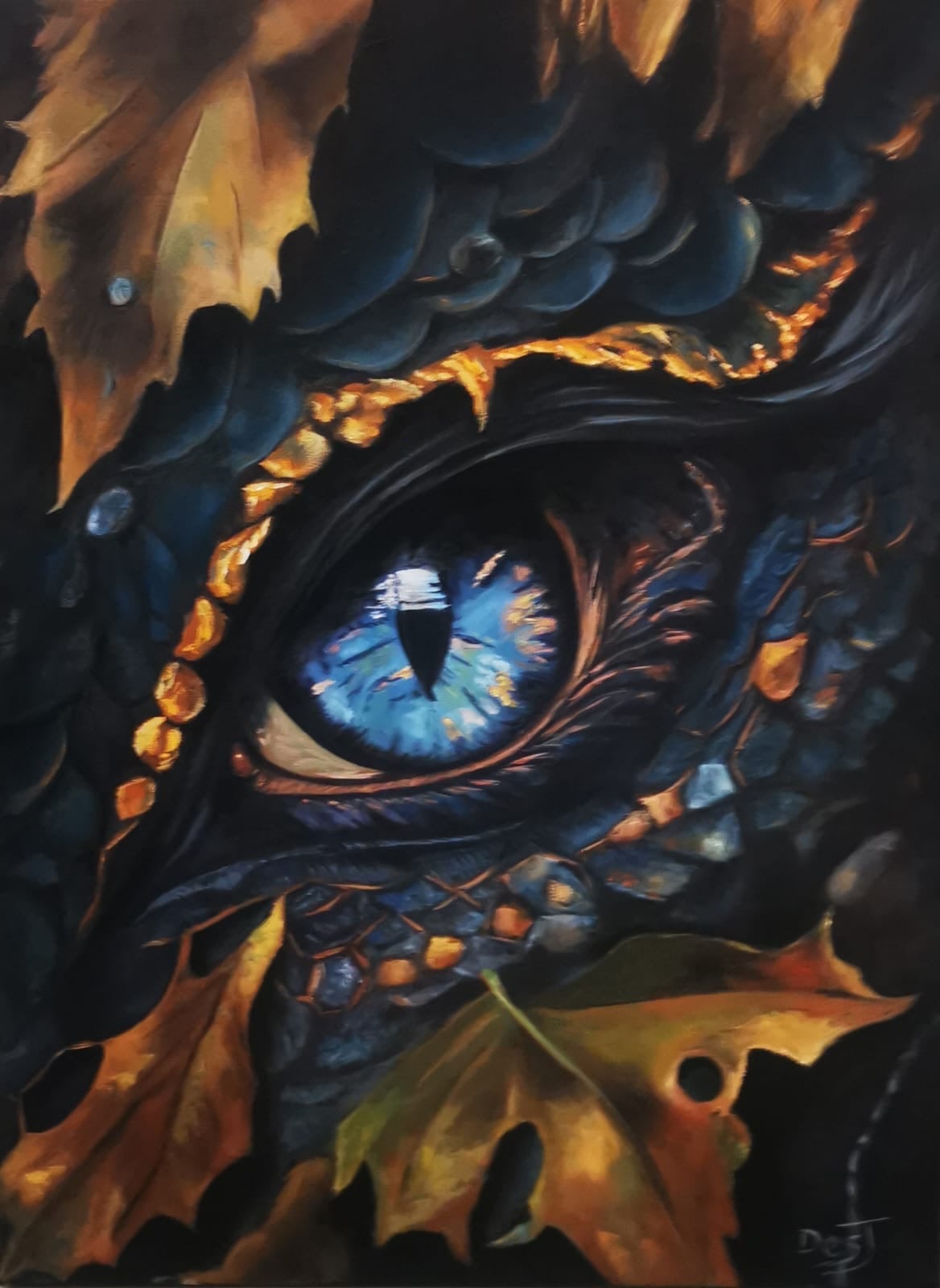 Oil painting depicting dragon eye by South African artist Des Green.