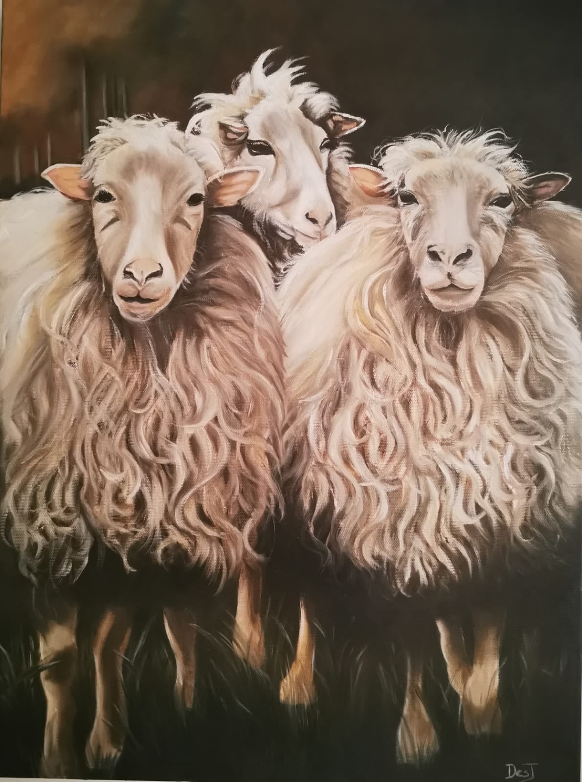 Oil painting depicting three sheep by South African artist Des Green.