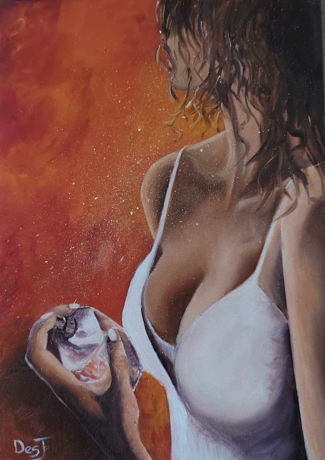 Oil painting depicting woman in white with a cup by South African artist Des Green.