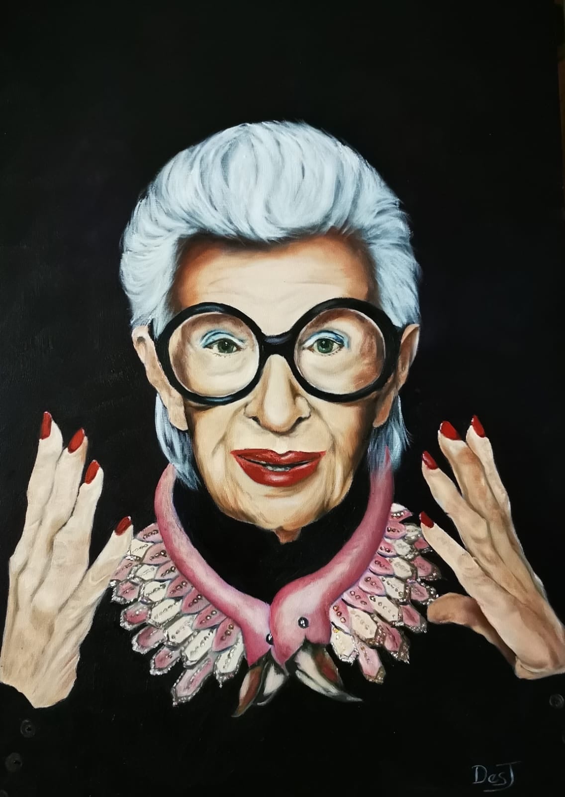 Oil painting depicting portrait with pink necklace by South African artist Des Green.