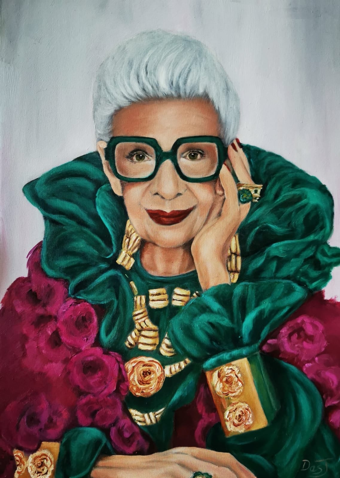 Oil painting depicting portrait in a green and pink feathered coat by South African artist Des Green.
