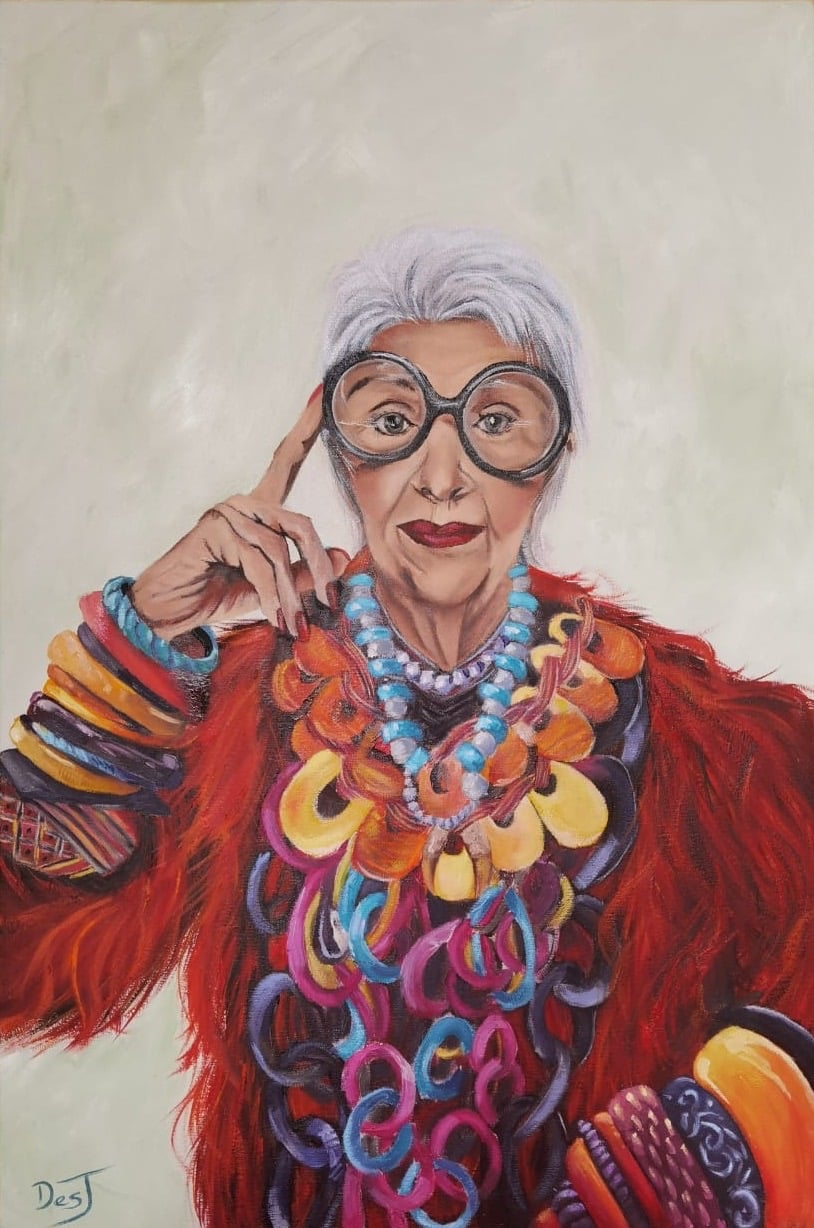 Oil painting depicting portrait in orange and turquoise jewellery by South African artist Des Green.