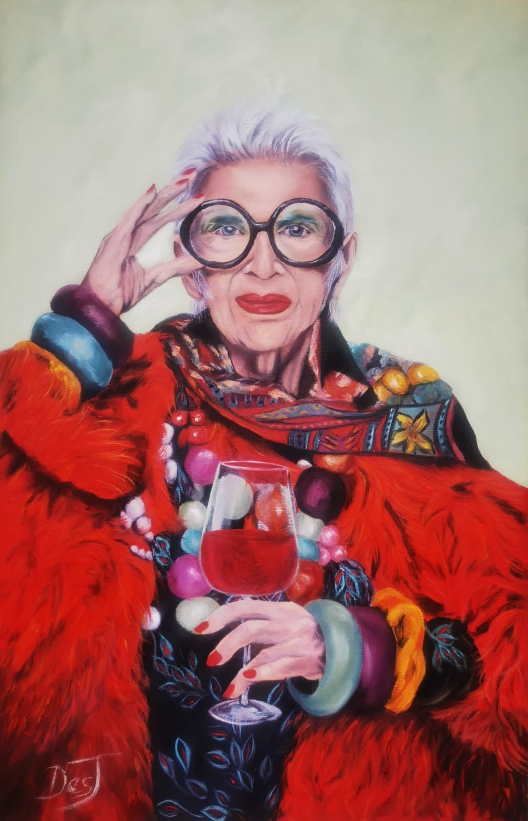 Oil painting depicting portrait in a red feathered coat with wine by South African artist Des Green.