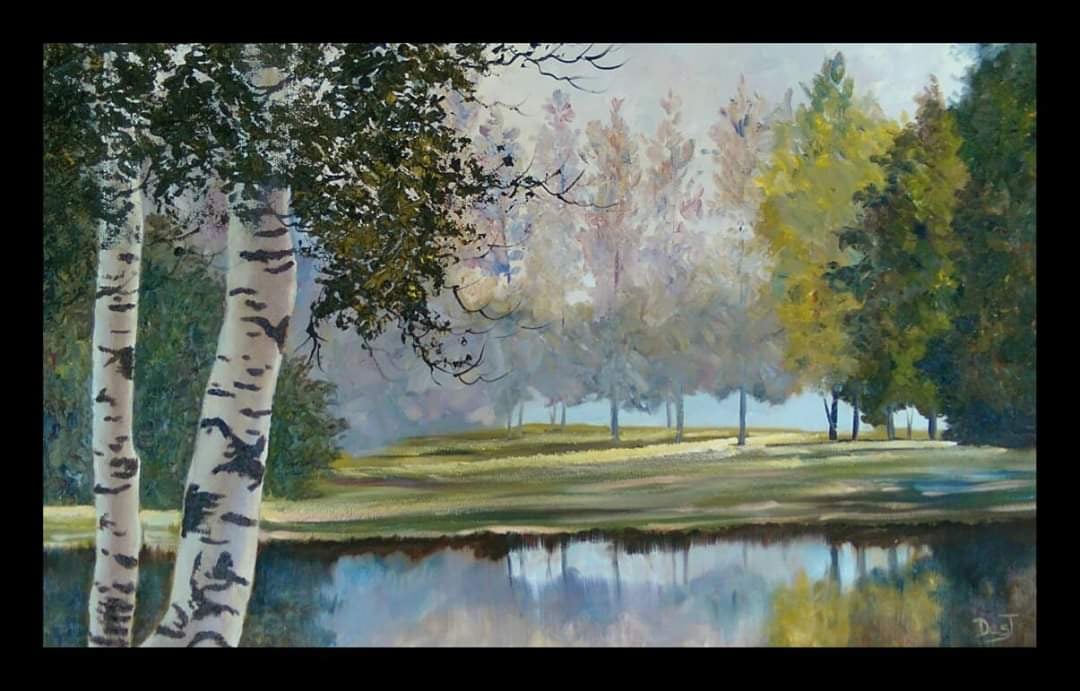 Oil painting depicting birch trees by the water by South African artist Des Green.