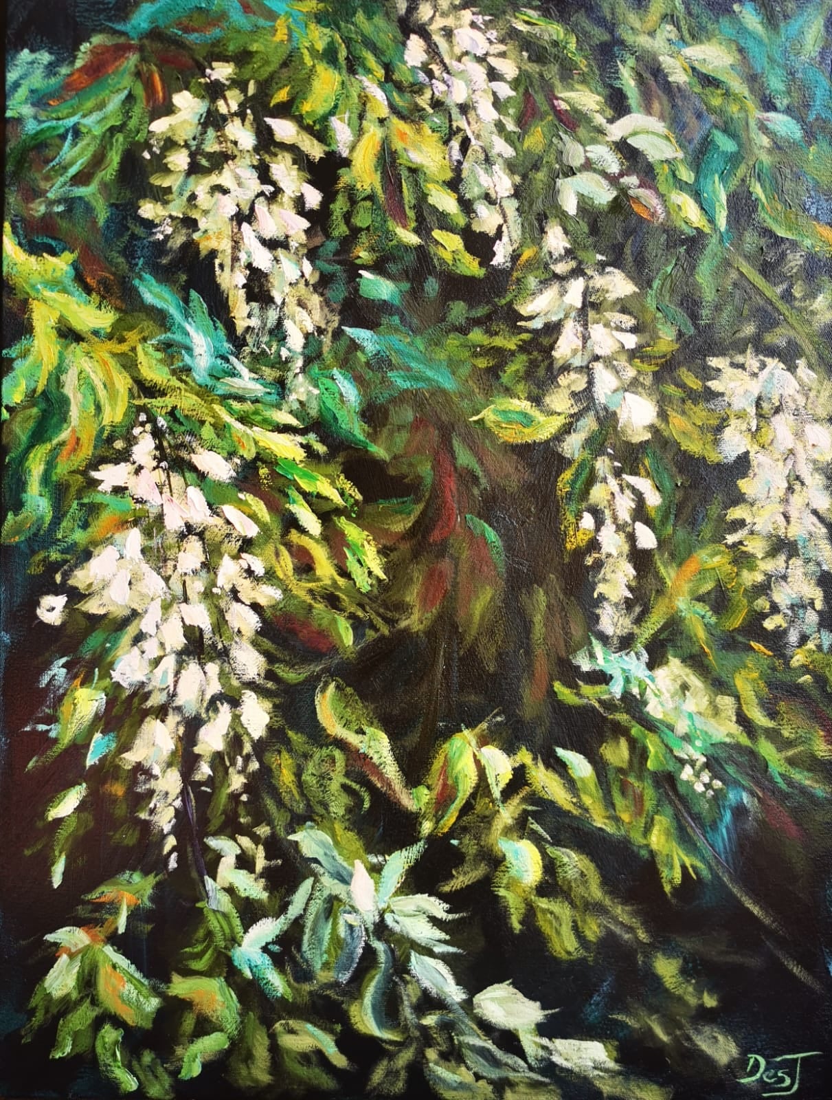 Oil painting depicting flowering tree by South African artist Des Green.
