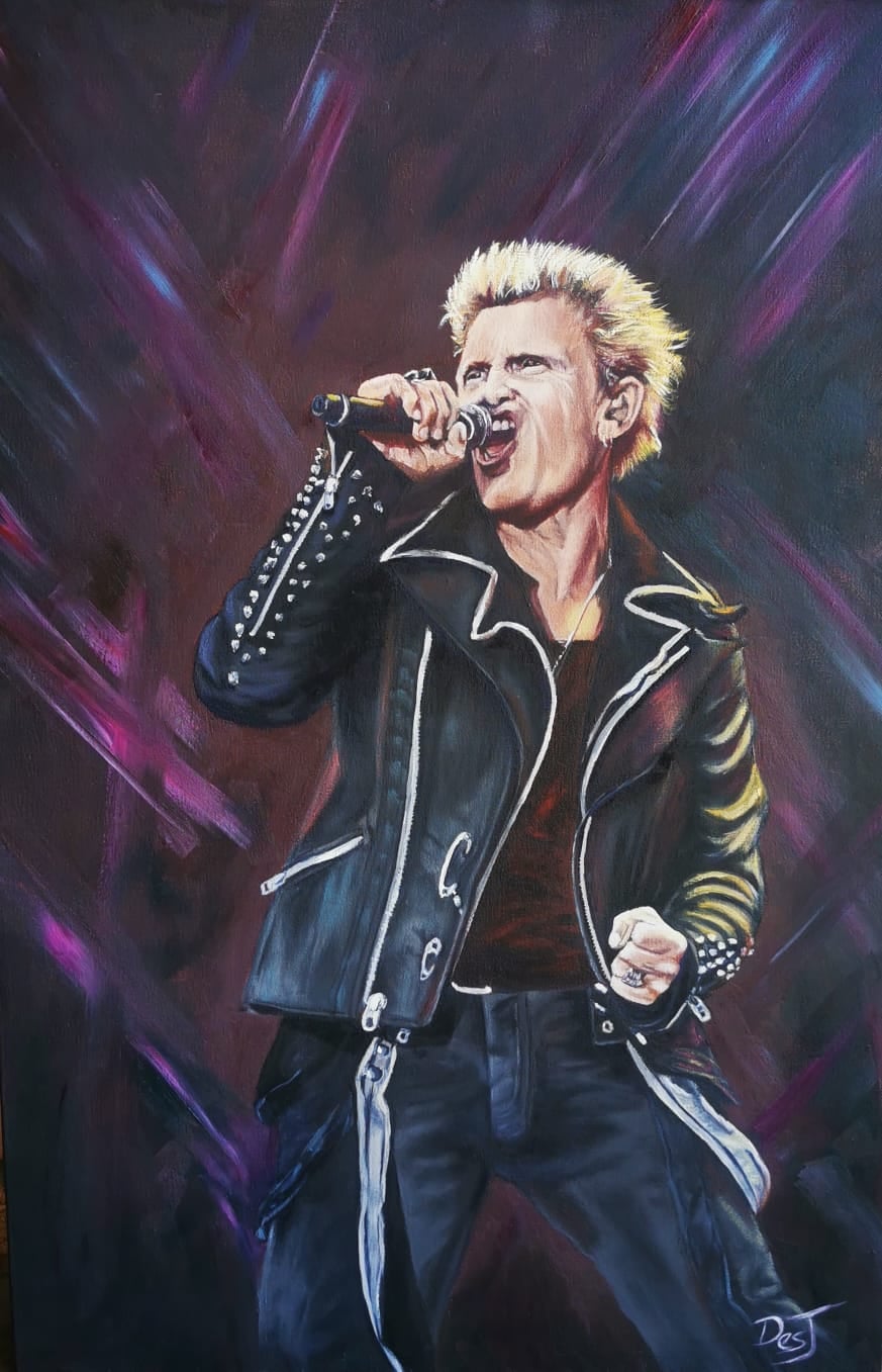 Oil painting depicting billy idol live by South African artist Des Green.