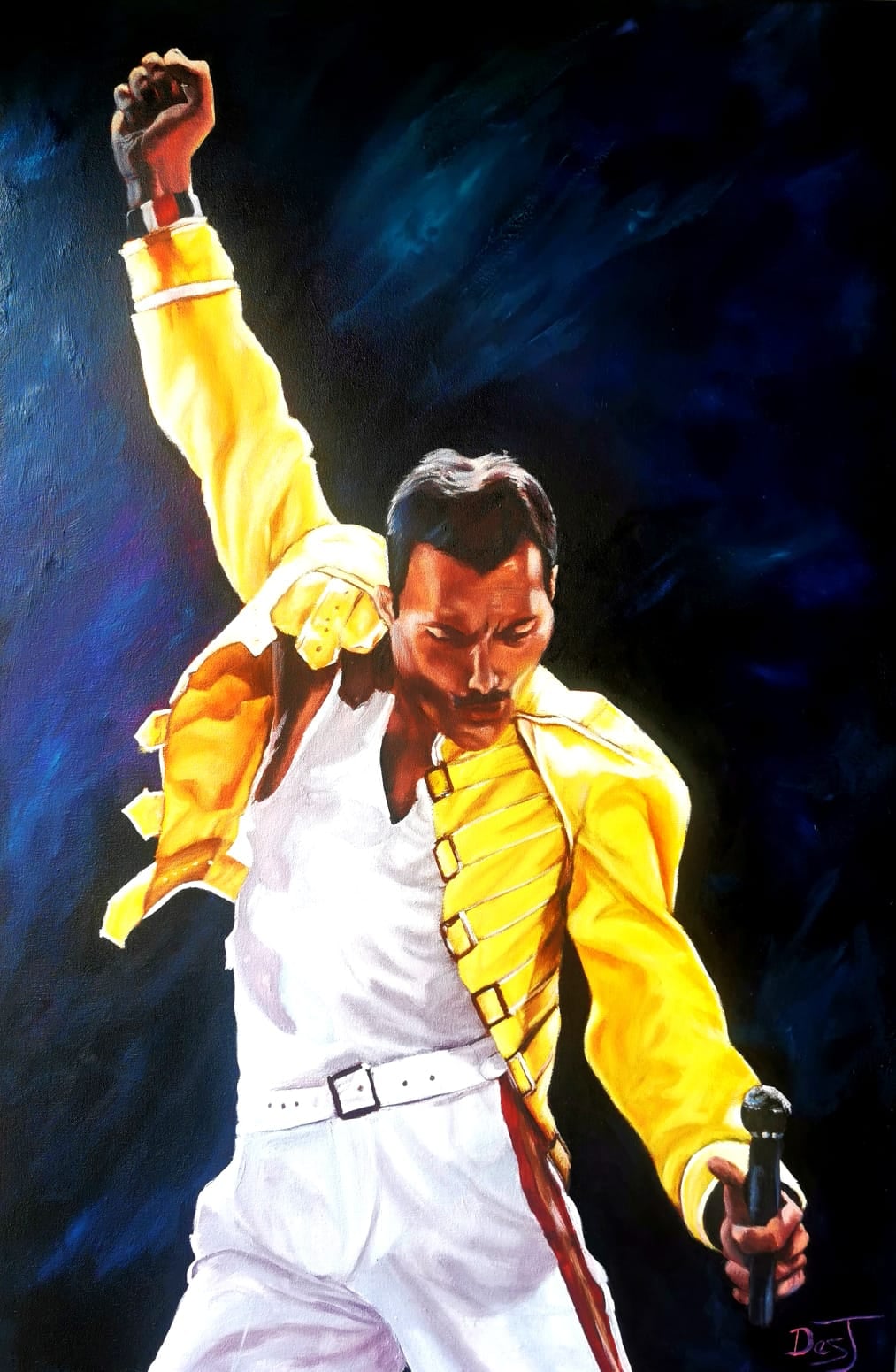 Oil painting depicting freddie mercury live by South African artist Des Green.