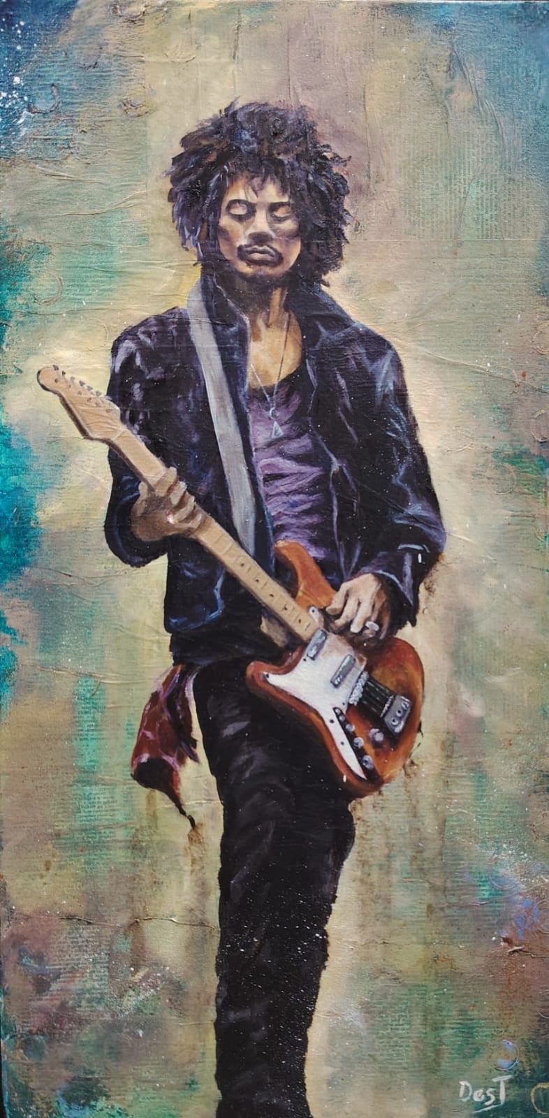 Oil painting depicting jimi hendrix with guitar by South African artist Des Green.