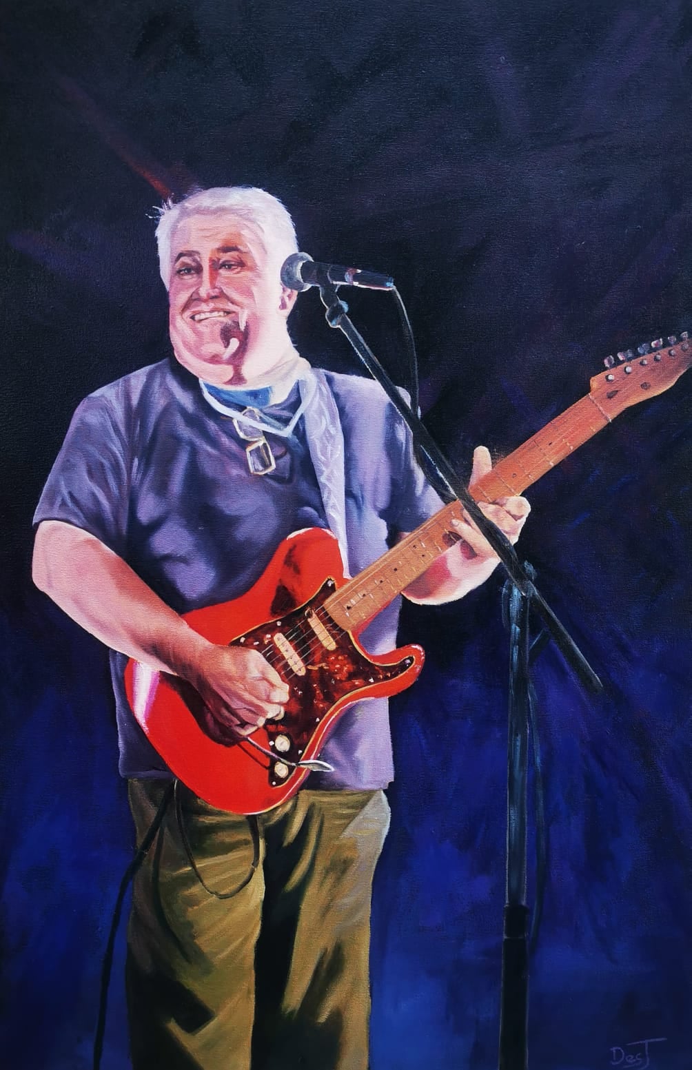 Oil painting depicting white-haired guitarist live by South African artist Des Green.