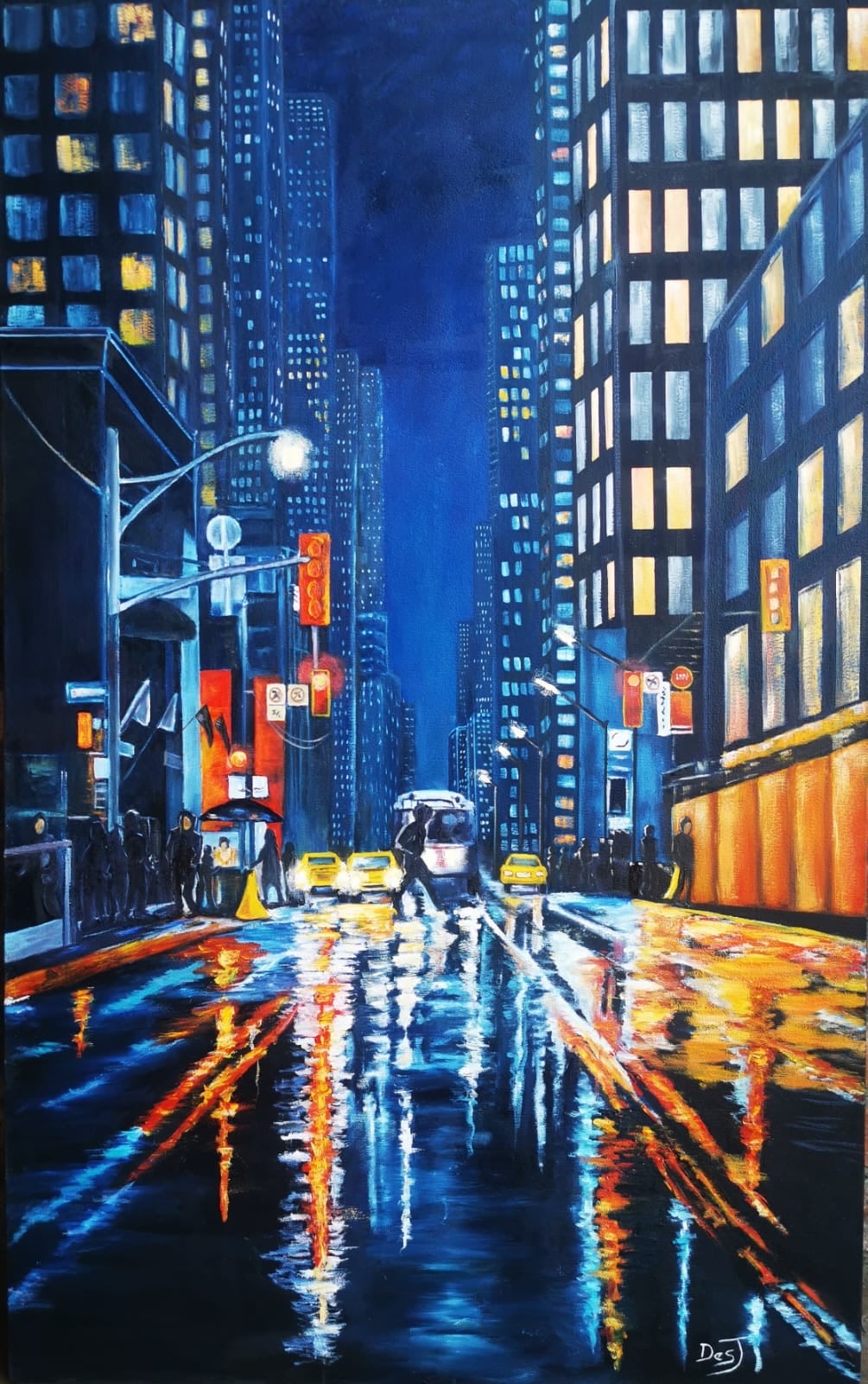 Oil painting depicting blue city rain by South African artist Des Green.