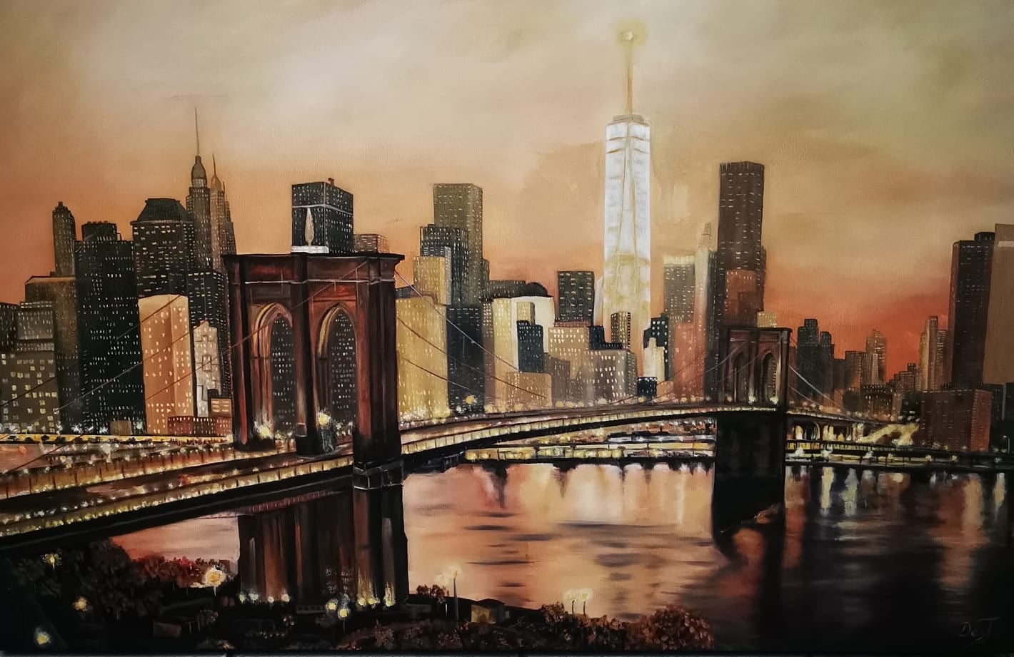 Oil painting depicting brooklyn bridge at dusk by South African artist Des Green.