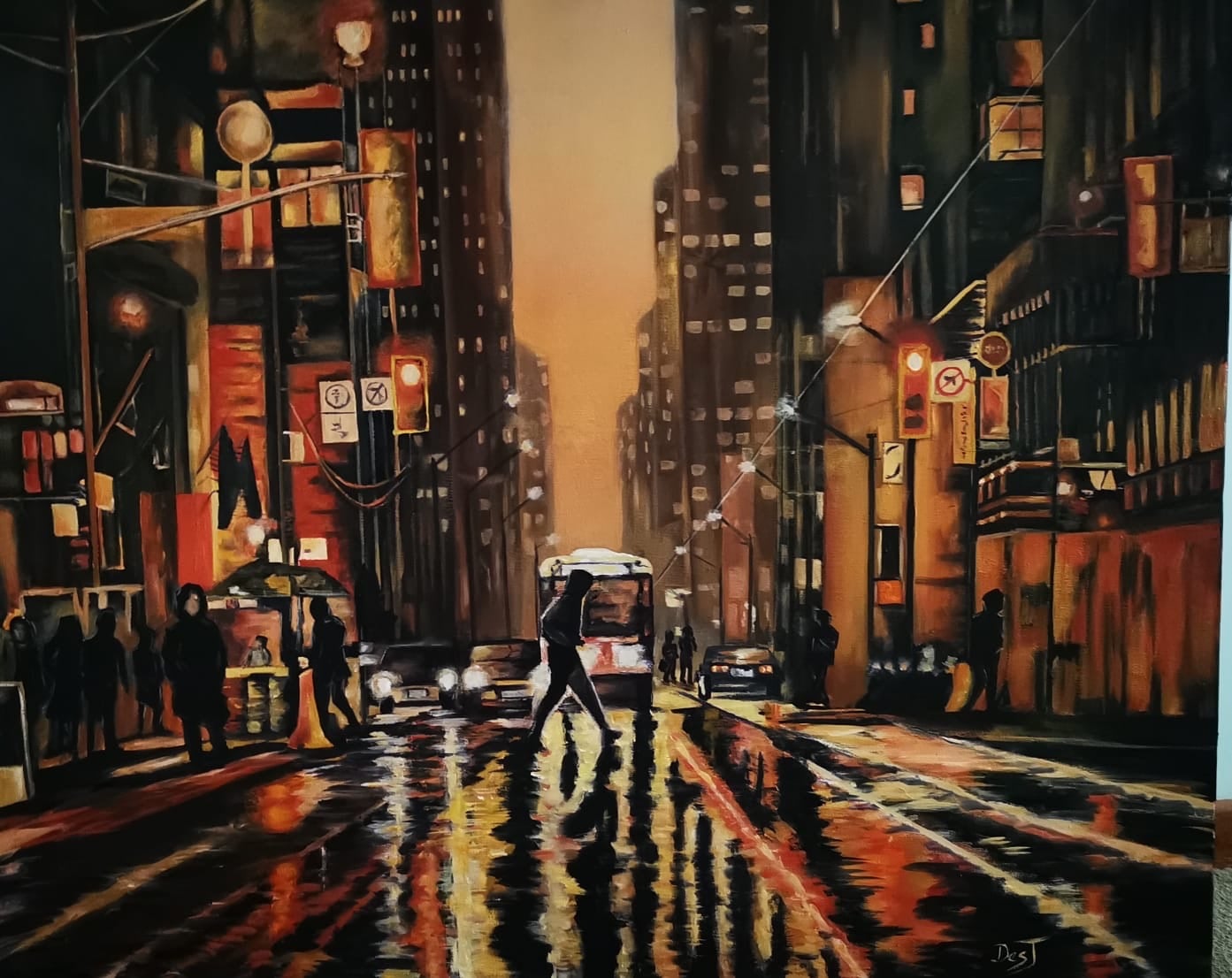 Oil painting depicting night street in the rain by South African artist Des Green.