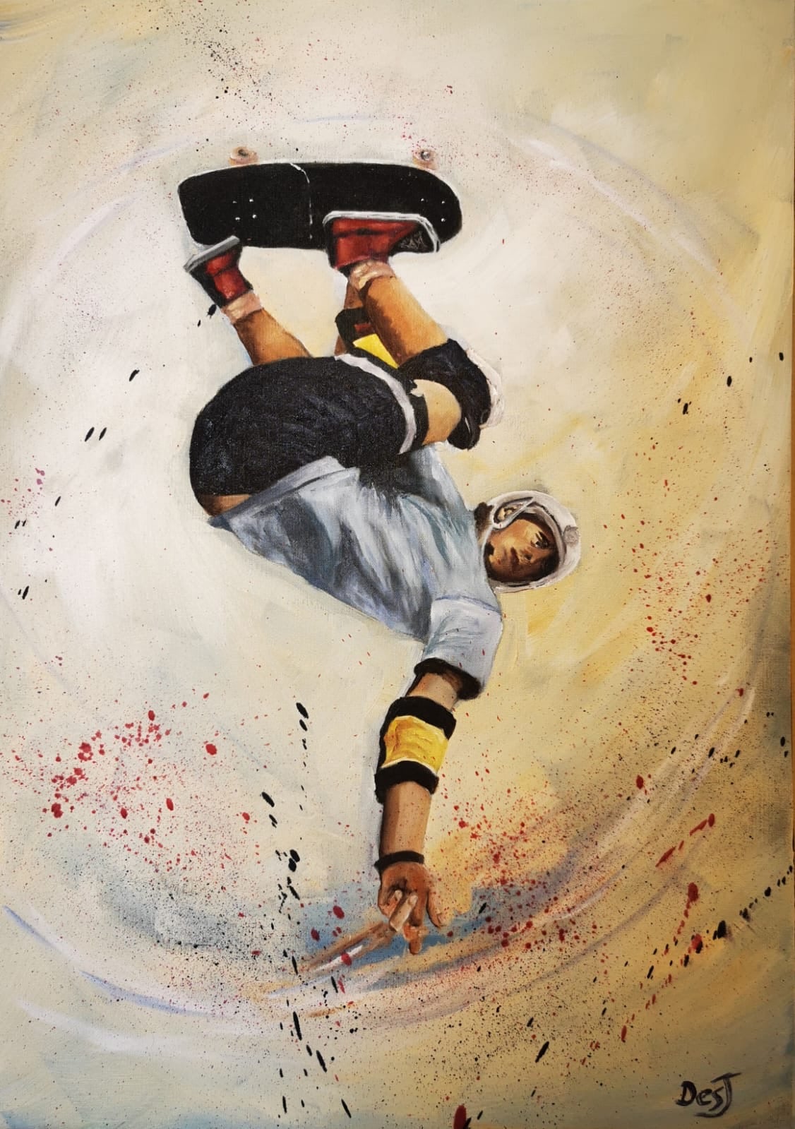Oil painting depicting breakdancer headstand by South African artist Des Green.