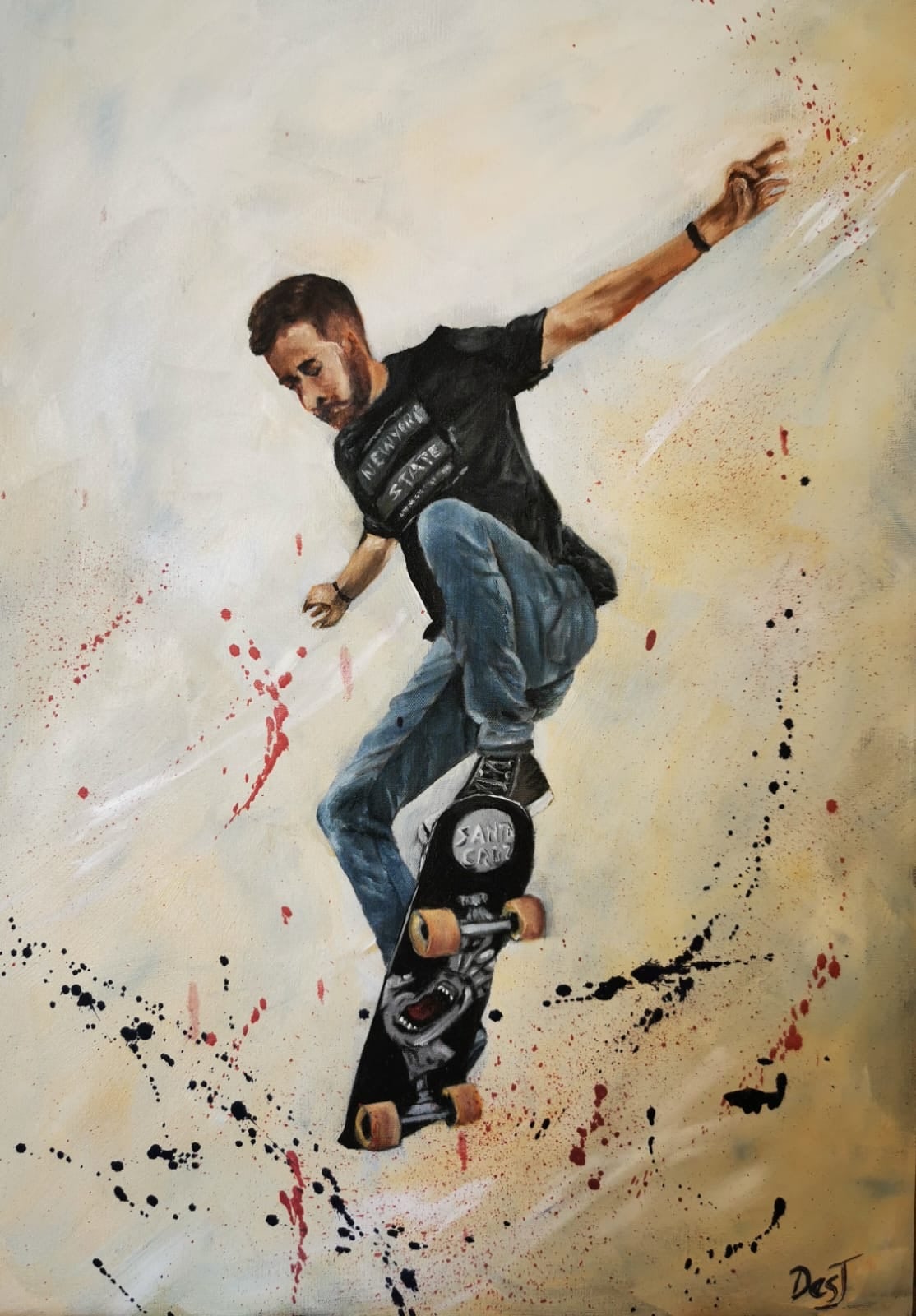 Oil painting depicting skateboarder jump by South African artist Des Green.