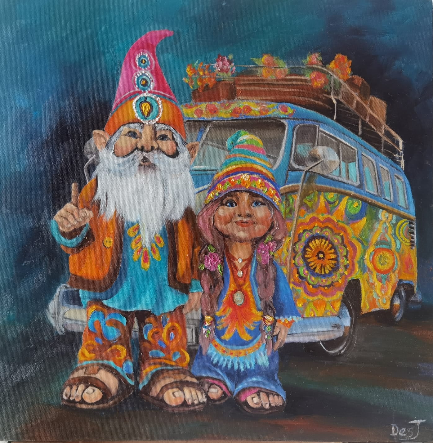 Oil painting depicting gnomes and vw bus by South African artist Des Green.