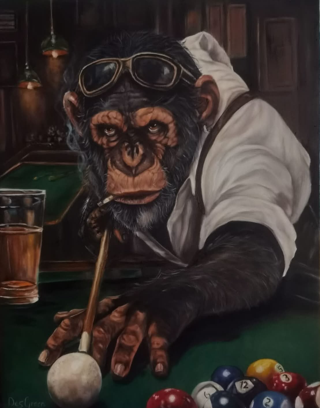 Oil painting depicting a chimpanzee playing pool by South African artist Des Green.