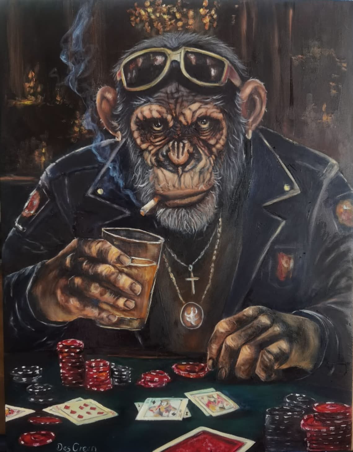 Oil painting depicting a chimpanzee playing poker by South African artist Des Green.