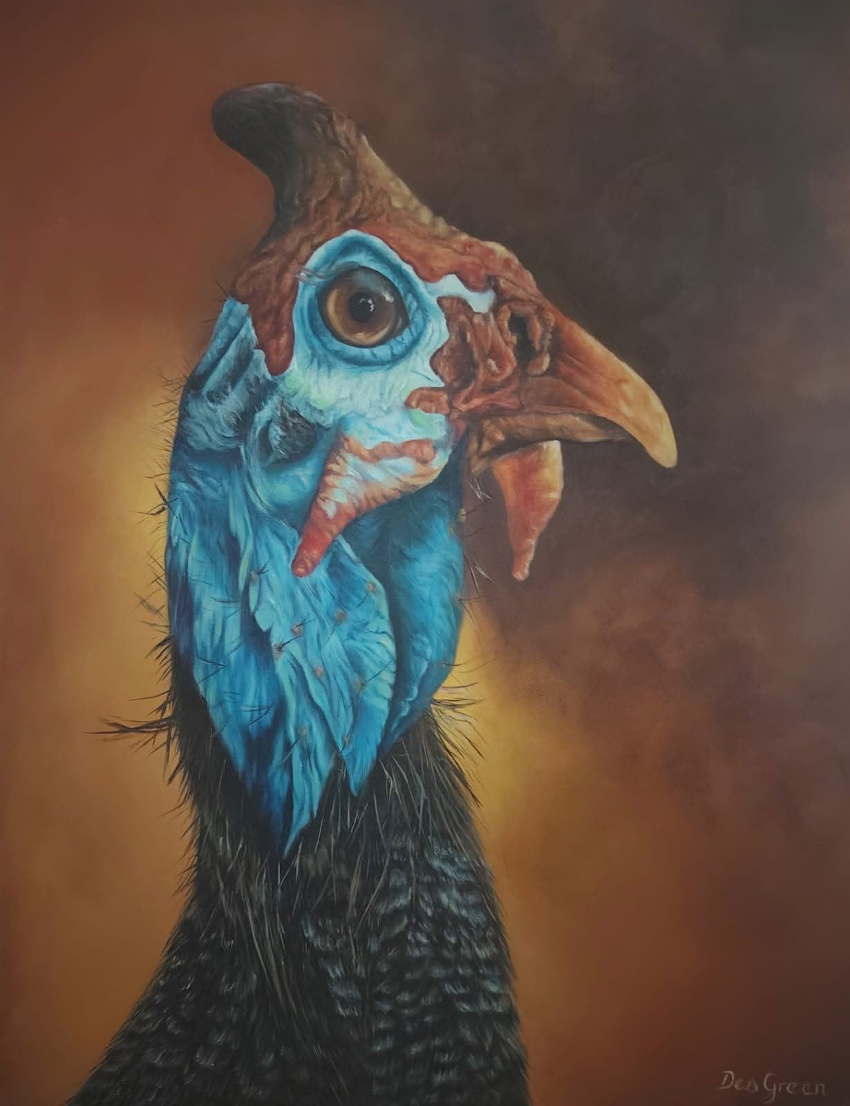 Oil painting depicting a helmeted guineafowl portrait by South African artist Des Green.