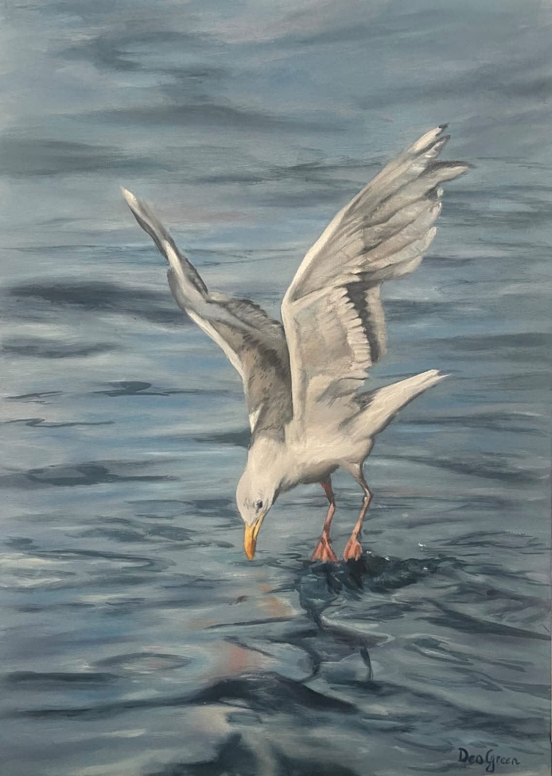 Oil painting depicting a seagull diving for fish by South African artist Des Green.