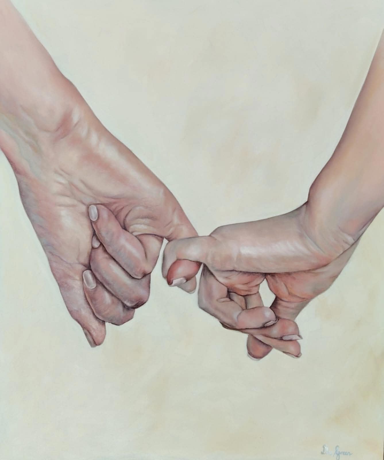 Oil painting depicting two hands making a pinky promise by South African artist Des Green.