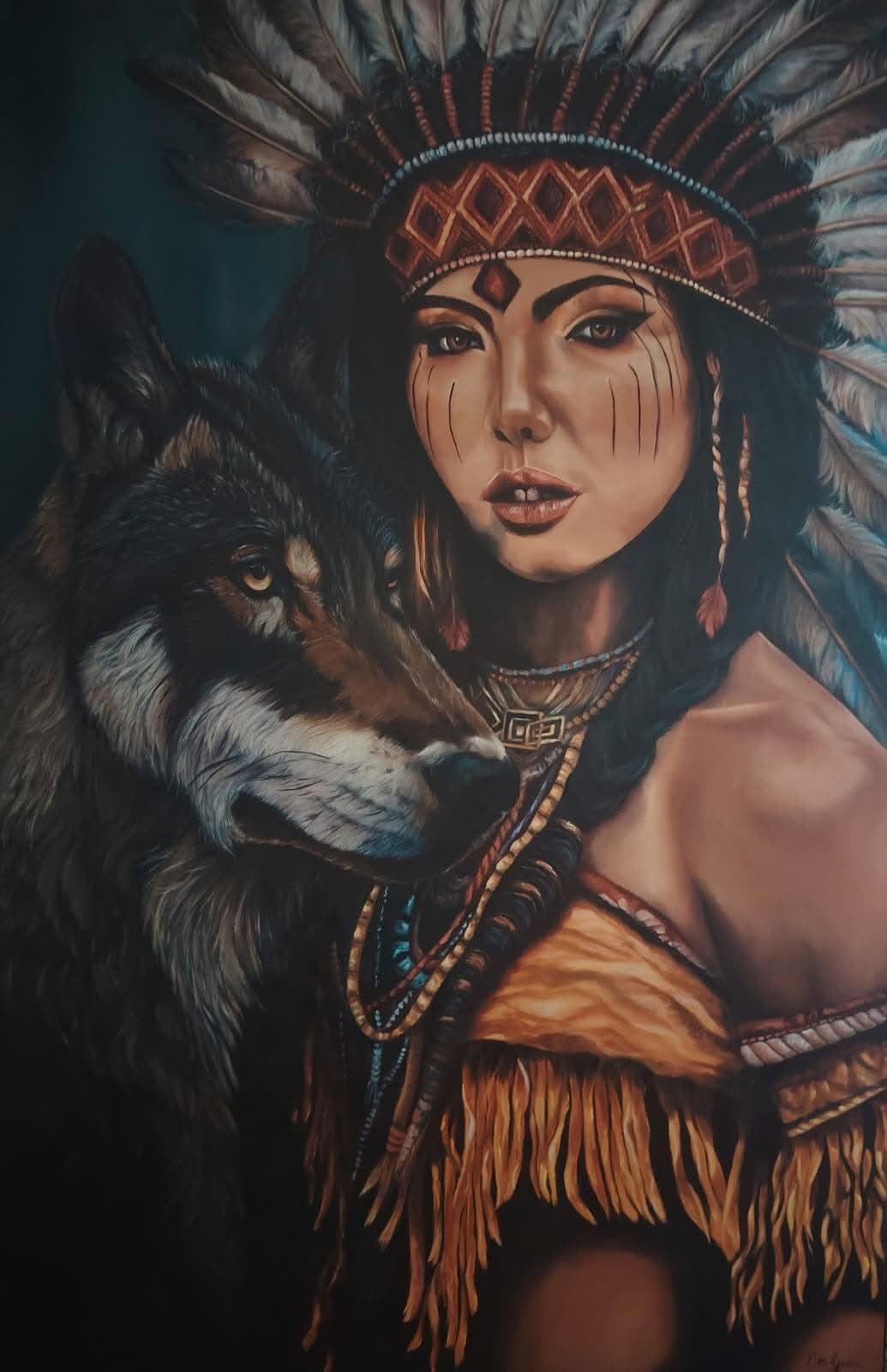 Oil painting depicting a woman with a wolf portrait by South African artist Des Green.