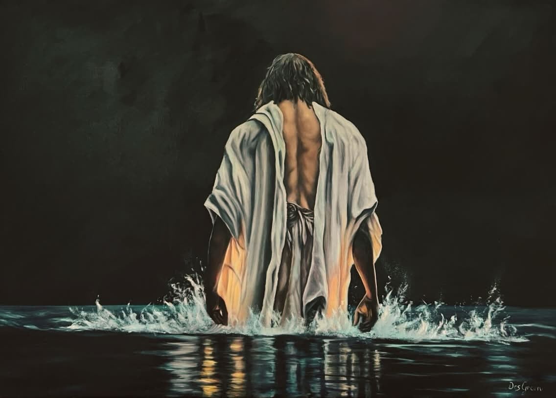 Oil painting depicting a woman walking into water by South African artist Des Green.