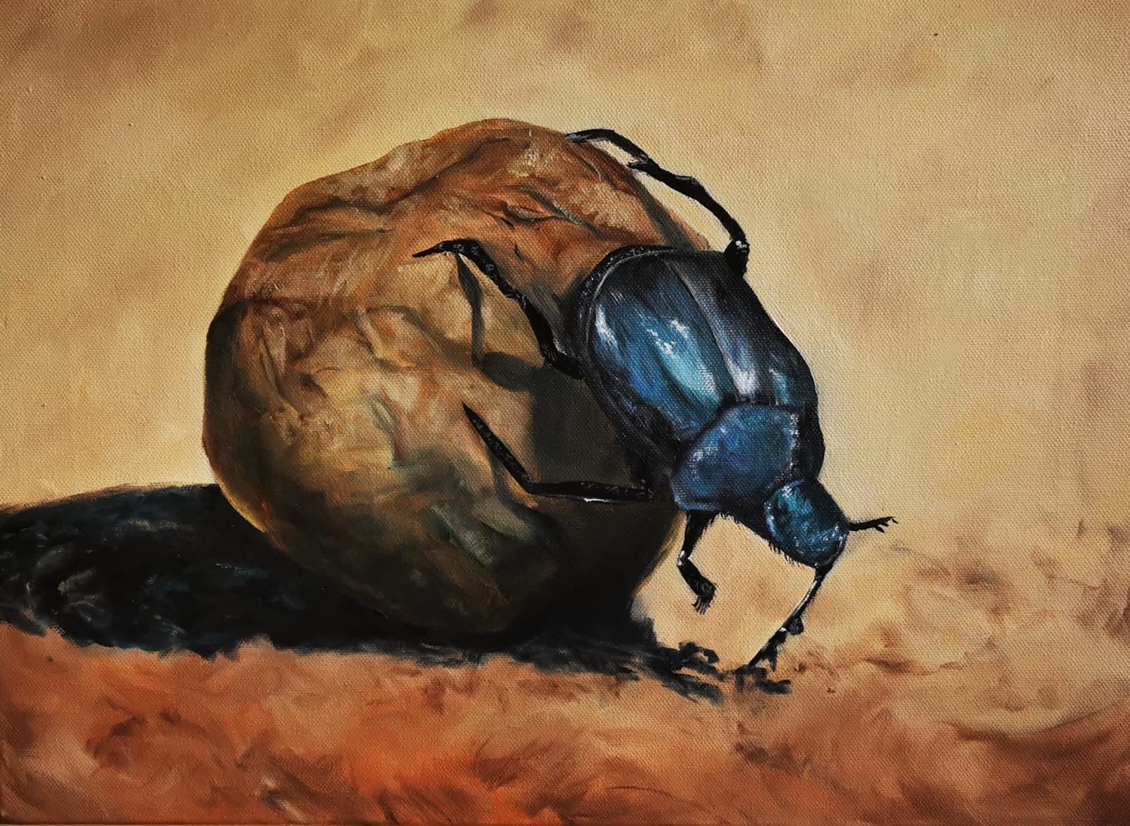 Oil painting depicting dung beetle by South African artist Des Green.