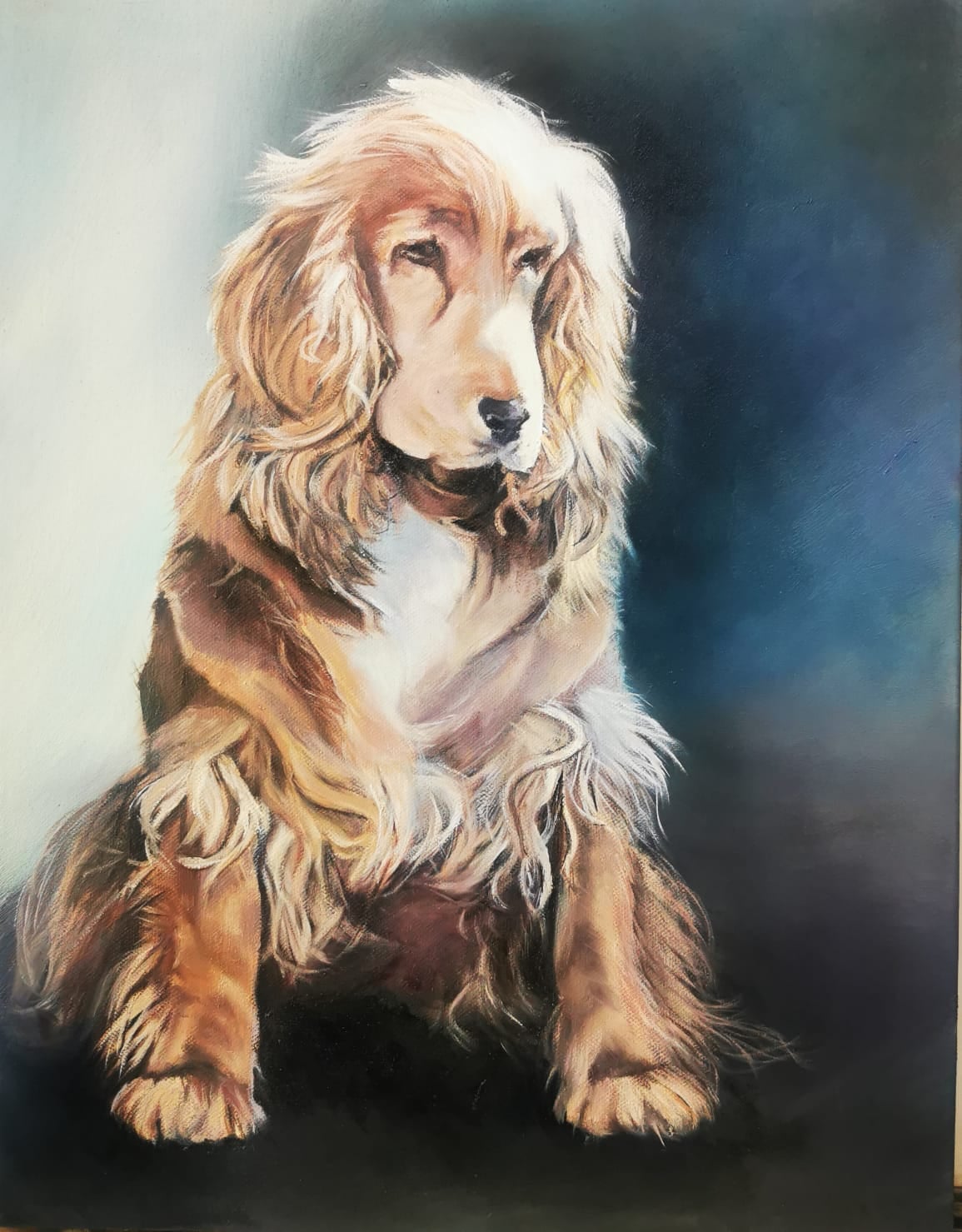 Oil painting depicting golden retriever by South African artist Des Green.