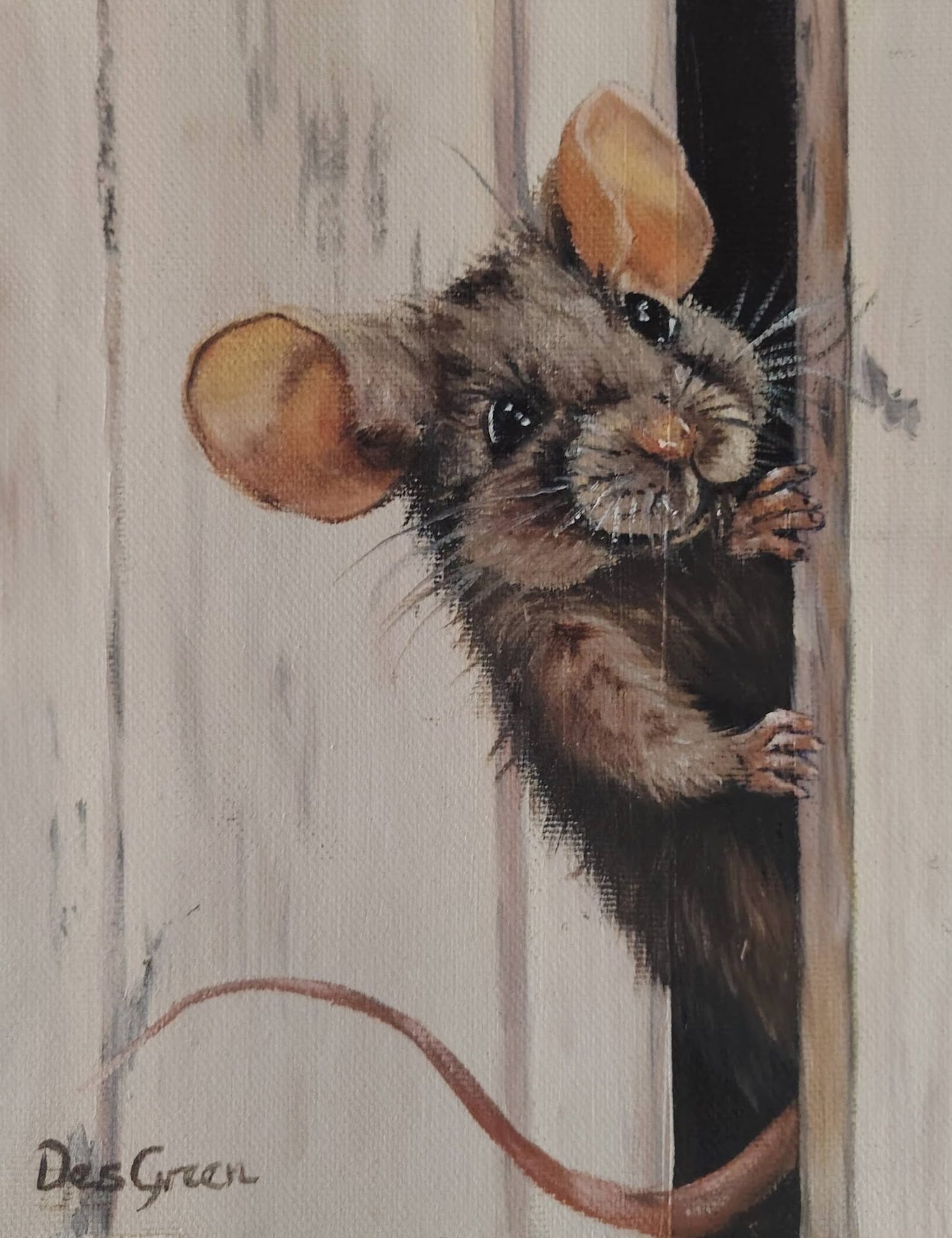 Oil painting of a mouse titled Caught Looking by South African artist Des Green.