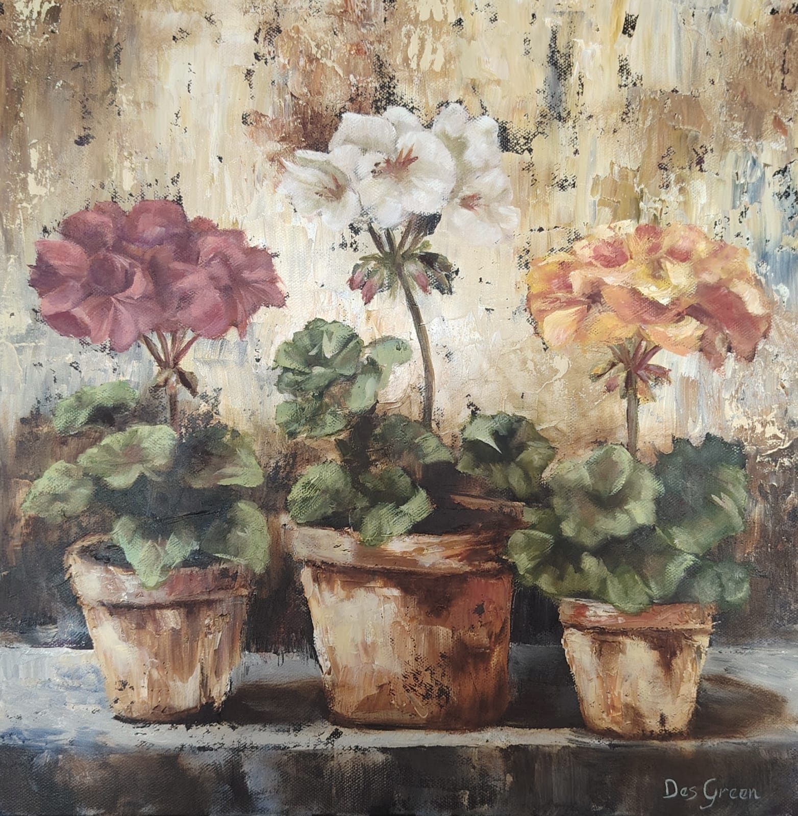 Oil painting of three potted flowers by South African artist Des Green.
