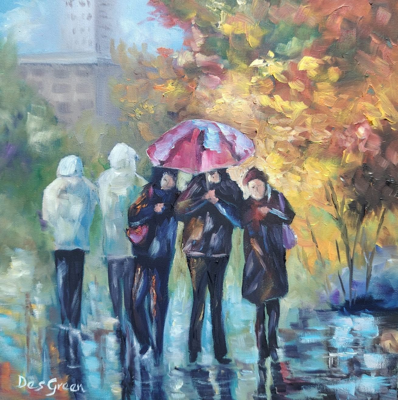 Oil painting of a rainy city street titled Red Umbrella Day by South African artist Des Green.