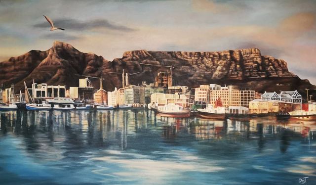Oil painting depicting Table Mountain and Cape Town waterfront by South African artist Des Green.