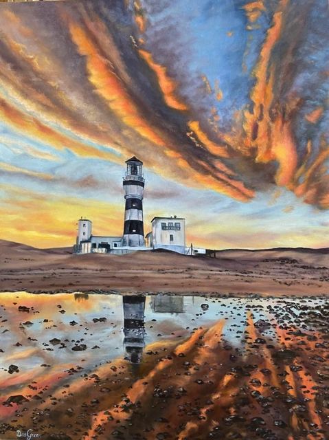 Oil painting depicting Lighthouse with dramatic fiery sky by South African artist Des Green.